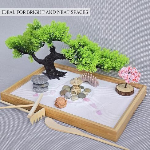 Zen Garden for Desk – Japanese Decor, Rose Quartz, 11x7.5 Tray with White Sand, Rake, Bamboo, Bonsai Tree, and Accessories – Meditation & Stress Relief Gift for Office or Home (Black) in Saudi Arabia