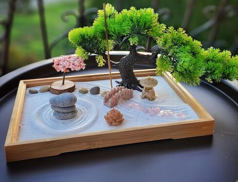 Zen Garden for Desk – Japanese Decor, Rose Quartz, 11x7.5 Tray with White Sand, Rake, Bamboo, Bonsai Tree, and Accessories – Meditation & Stress Relief Gift for Office or Home (Black) in Saudi Arabia