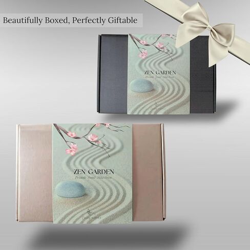 Zen Garden for Desk – Japanese Decor, Rose Quartz, 11x7.5 Tray with White Sand, Rake, Bamboo, Bonsai Tree, and Accessories – Meditation & Stress Relief Gift for Office or Home (Black) in Saudi Arabia