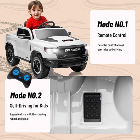 Ram 1500 Ride On Toys for Kids 4-8 ، ركوب على شاحنة صغيرة للأطفال الصغار مع التحكم عن بعد ، سيارة بطارية 12 فولت مع الجذع ، البلوتوث ، الموسيقى ، حزام الأمان (أسود) in Kuwait