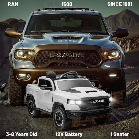 Ram 1500 Ride On Toys for Kids 4-8 ، ركوب على شاحنة صغيرة للأطفال الصغار مع التحكم عن بعد ، سيارة بطارية 12 فولت مع الجذع ، البلوتوث ، الموسيقى ، حزام الأمان (أسود) in Kuwait