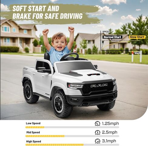Ram 1500 Ride On Toys for Kids 4-8 ، ركوب على شاحنة صغيرة للأطفال الصغار مع التحكم عن بعد ، سيارة بطارية 12 فولت مع الجذع ، البلوتوث ، الموسيقى ، حزام الأمان (أسود) in Kuwait