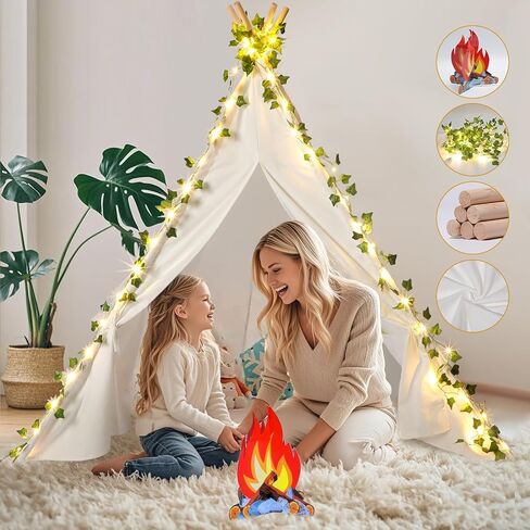 Kids Teepee Tent - 64" 100% Cotton Playhouse for Toddlers, Girls & Boys | Indoor/Outdoor Play Tent with LED Vine Lights, 3D Campfire & Stable Wood Poles Birthday Party | Reading Nook in Saudi Arabia