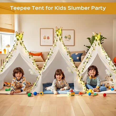 Kids Teepee Tent - 64" 100% Cotton Playhouse for Toddlers, Girls & Boys | Indoor/Outdoor Play Tent with LED Vine Lights, 3D Campfire & Stable Wood Poles Birthday Party | Reading Nook in Saudi Arabia