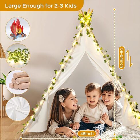 Kids Teepee Tent - 64" 100% Cotton Playhouse for Toddlers, Girls & Boys | Indoor/Outdoor Play Tent with LED Vine Lights, 3D Campfire & Stable Wood Poles Birthday Party | Reading Nook in Saudi Arabia