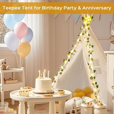 Kids Teepee Tent - 64" 100% Cotton Playhouse for Toddlers, Girls & Boys | Indoor/Outdoor Play Tent with LED Vine Lights, 3D Campfire & Stable Wood Poles Birthday Party | Reading Nook in Saudi Arabia