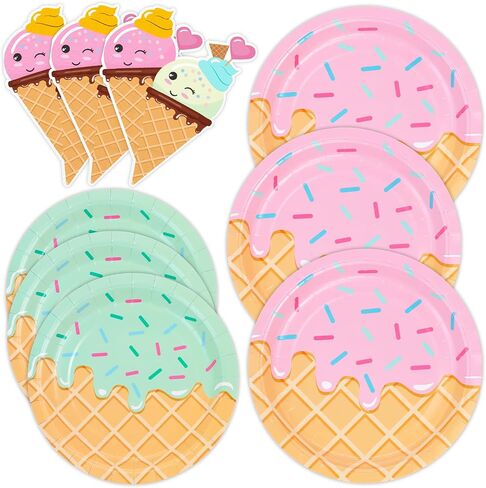 DYLIVeS 48 Pcs Ice Cream Birthday Party Plates and Napkins Kit, Ice Cream Theme Tableware Set Snow Cones Party Table Decorations Supplies, Disposable 9'' and 7'' Paper Plates, Napkins, Serves 16 in Saudi Arabia