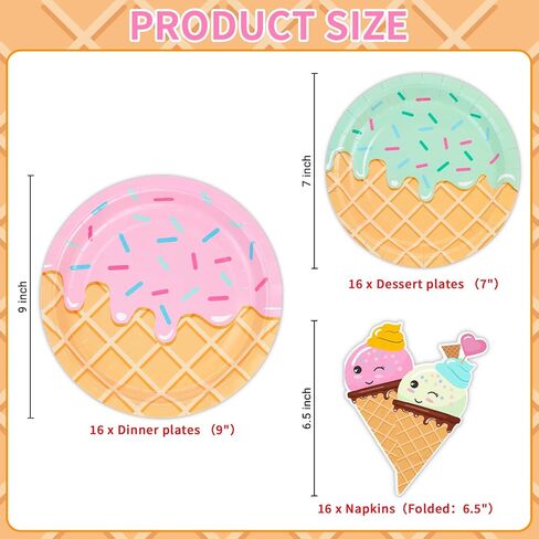DYLIVeS 48 Pcs Ice Cream Birthday Party Plates and Napkins Kit, Ice Cream Theme Tableware Set Snow Cones Party Table Decorations Supplies, Disposable 9'' and 7'' Paper Plates, Napkins, Serves 16 in Saudi Arabia