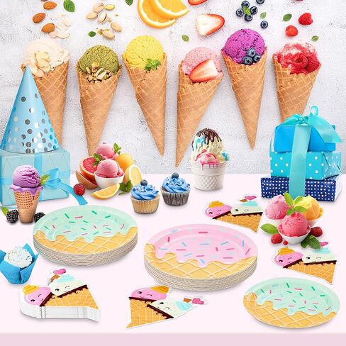 DYLIVeS 48 Pcs Ice Cream Birthday Party Plates and Napkins Kit, Ice Cream Theme Tableware Set Snow Cones Party Table Decorations Supplies, Disposable 9'' and 7'' Paper Plates, Napkins, Serves 16 in Saudi Arabia