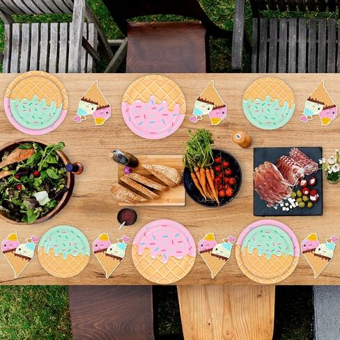 DYLIVeS 48 Pcs Ice Cream Birthday Party Plates and Napkins Kit, Ice Cream Theme Tableware Set Snow Cones Party Table Decorations Supplies, Disposable 9'' and 7'' Paper Plates, Napkins, Serves 16 in Saudi Arabia