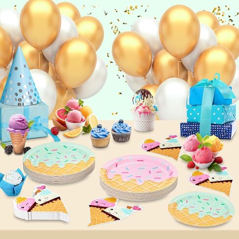 DYLIVeS 48 Pcs Ice Cream Birthday Party Plates and Napkins Kit, Ice Cream Theme Tableware Set Snow Cones Party Table Decorations Supplies, Disposable 9'' and 7'' Paper Plates, Napkins, Serves 16 in Saudi Arabia