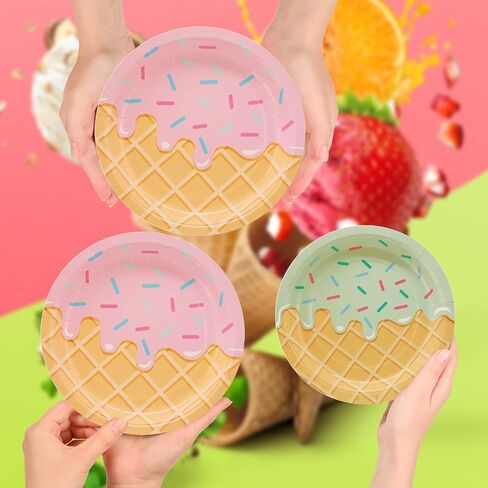 DYLIVeS 48 Pcs Ice Cream Birthday Party Plates and Napkins Kit, Ice Cream Theme Tableware Set Snow Cones Party Table Decorations Supplies, Disposable 9'' and 7'' Paper Plates, Napkins, Serves 16 in Saudi Arabia