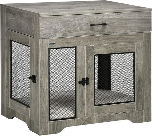 PawHut Dog Crate Furniture with Soft Water-Resistant Cushion, Dog Kennel End Table with Drawer, Puppy Crate for Small Dogs Indoor with 2 Doors, White in Saudi Arabia