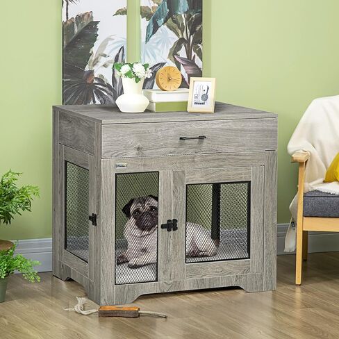 PawHut Dog Crate Furniture with Soft Water-Resistant Cushion, Dog Kennel End Table with Drawer, Puppy Crate for Small Dogs Indoor with 2 Doors, White in Saudi Arabia