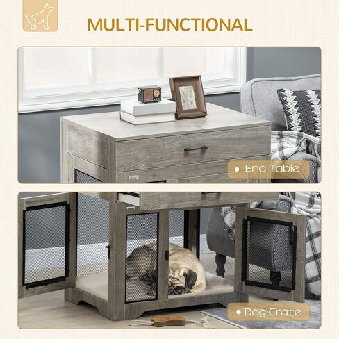 PawHut Dog Crate Furniture with Soft Water-Resistant Cushion, Dog Kennel End Table with Drawer, Puppy Crate for Small Dogs Indoor with 2 Doors, White in Saudi Arabia