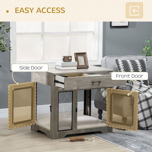 PawHut Dog Crate Furniture with Soft Water-Resistant Cushion, Dog Kennel End Table with Drawer, Puppy Crate for Small Dogs Indoor with 2 Doors, White in Saudi Arabia