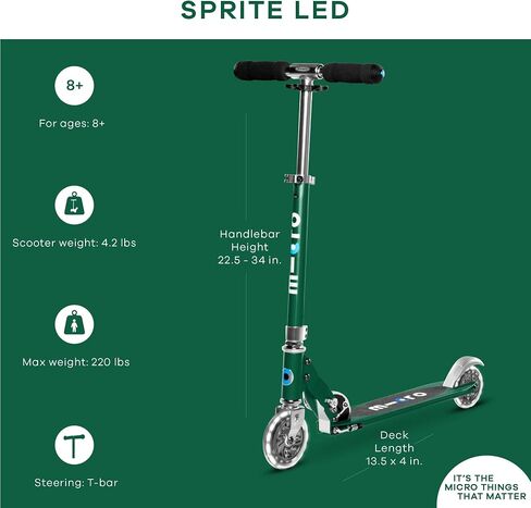 Sprite LED، عجلتان، قابلة للطي للحمل، سكوتر صغير خفيف الوزن بتصميم سويسري مع عجلات مضيئة للأطفال والمراهقين، للأعمار من 6 سنوات فما فوق، أخضر غابي in Saudi Arabia