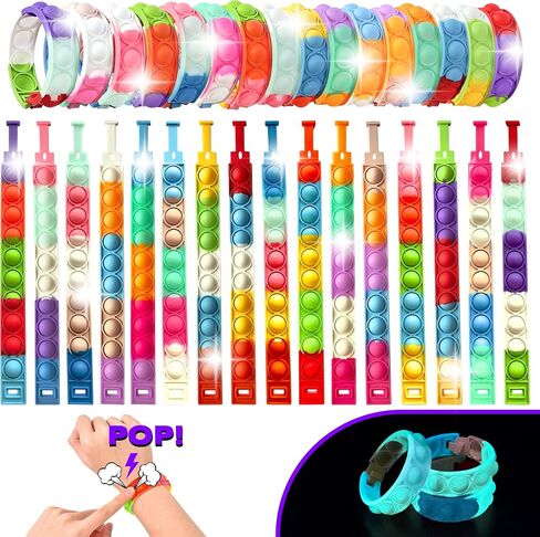 32 PCS Bracelets Glow in The Dark Pop it Fidget Toy, Rainbow Party Favors, Stress Relief Wristband Set, Push Bubbles Sensory Autistic Pack Kids Ages 5 8 12 Adult Student Gift in Saudi Arabia