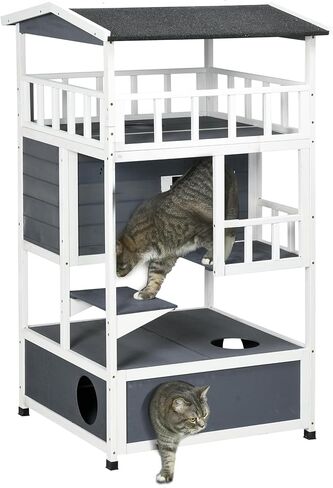 Pawhut Wooden Outdoor Cat House ، شقة شقة قطة صغيرة مع سقف إسفلت ، أبواب الهروب ، الشقة ، منصة القفز ، الأصفر in Kuwait
