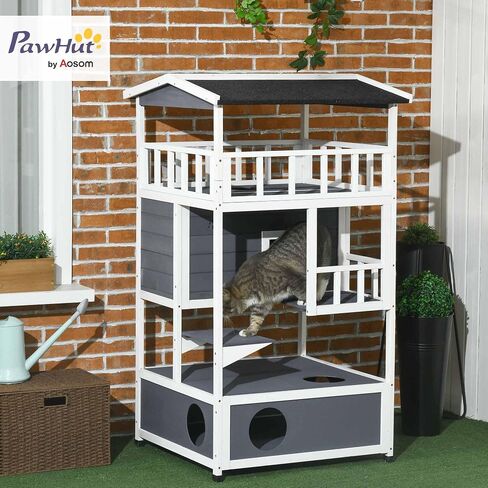 Pawhut Wooden Outdoor Cat House ، شقة شقة قطة صغيرة مع سقف إسفلت ، أبواب الهروب ، الشقة ، منصة القفز ، الأصفر in Kuwait