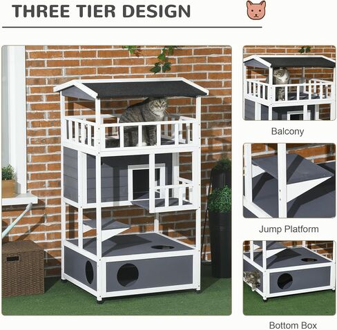 Pawhut Wooden Outdoor Cat House ، شقة شقة قطة صغيرة مع سقف إسفلت ، أبواب الهروب ، الشقة ، منصة القفز ، الأصفر in Kuwait