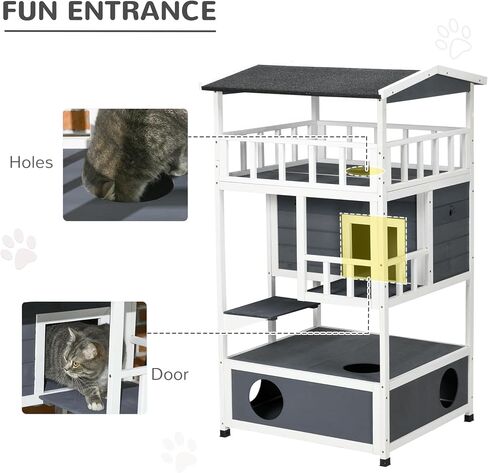 Pawhut Wooden Outdoor Cat House ، شقة شقة قطة صغيرة مع سقف إسفلت ، أبواب الهروب ، الشقة ، منصة القفز ، الأصفر in Kuwait