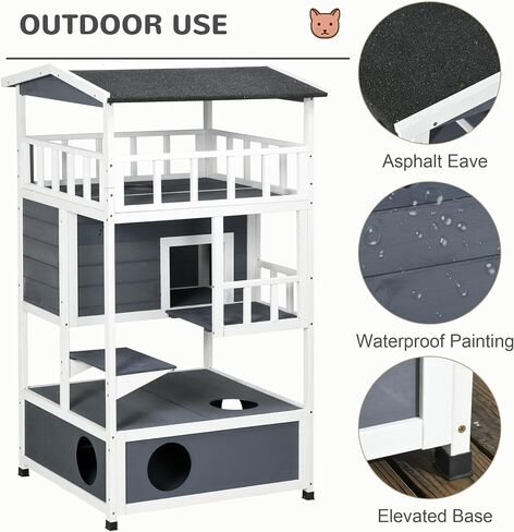 Pawhut Wooden Outdoor Cat House ، شقة شقة قطة صغيرة مع سقف إسفلت ، أبواب الهروب ، الشقة ، منصة القفز ، الأصفر in Kuwait