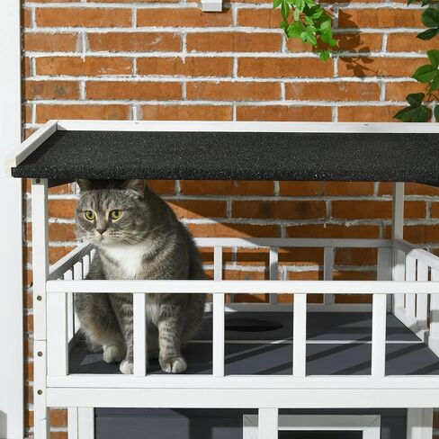 Pawhut Wooden Outdoor Cat House ، شقة شقة قطة صغيرة مع سقف إسفلت ، أبواب الهروب ، الشقة ، منصة القفز ، الأصفر in Kuwait