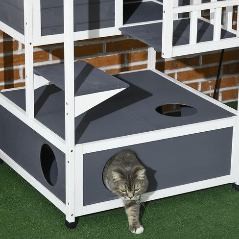 Pawhut Wooden Outdoor Cat House ، شقة شقة قطة صغيرة مع سقف إسفلت ، أبواب الهروب ، الشقة ، منصة القفز ، الأصفر in Kuwait