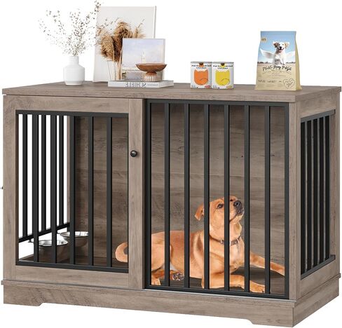 Dog Crate Furniture 47" Large Dog Kennel for Dogs Indoor, Heavy Duty Dog Cage with Sliding Door and 2 SUS Bowls Wooden End Table in Living Room for Small Medium Large Dogs, White in Saudi Arabia