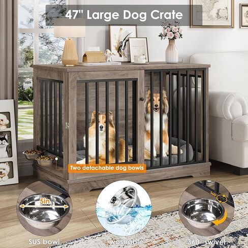 Dog Crate Furniture 47" Large Dog Kennel for Dogs Indoor, Heavy Duty Dog Cage with Sliding Door and 2 SUS Bowls Wooden End Table in Living Room for Small Medium Large Dogs, White in Saudi Arabia