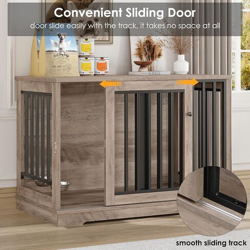 Dog Crate Furniture 47" Large Dog Kennel for Dogs Indoor, Heavy Duty Dog Cage with Sliding Door and 2 SUS Bowls Wooden End Table in Living Room for Small Medium Large Dogs, White in Saudi Arabia