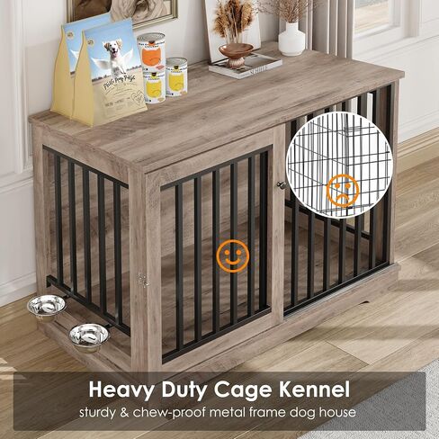 Dog Crate Furniture 47" Large Dog Kennel for Dogs Indoor, Heavy Duty Dog Cage with Sliding Door and 2 SUS Bowls Wooden End Table in Living Room for Small Medium Large Dogs, White in Saudi Arabia