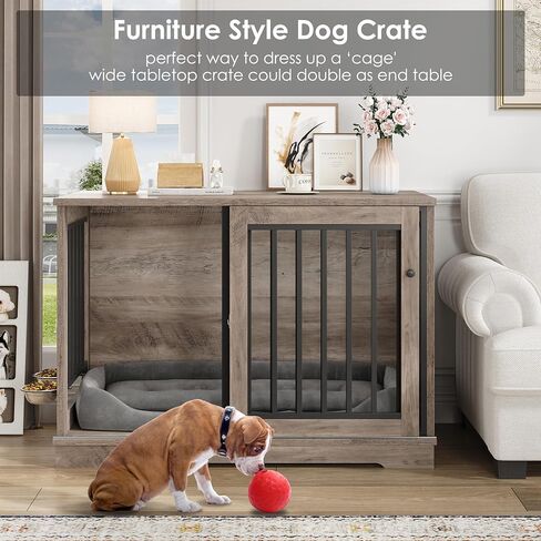 Dog Crate Furniture 47" Large Dog Kennel for Dogs Indoor, Heavy Duty Dog Cage with Sliding Door and 2 SUS Bowls Wooden End Table in Living Room for Small Medium Large Dogs, White in Saudi Arabia
