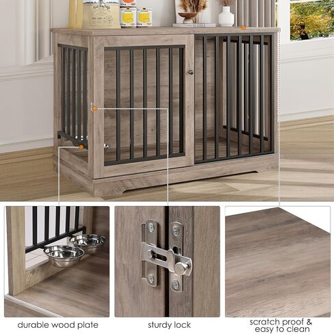 Dog Crate Furniture 47" Large Dog Kennel for Dogs Indoor, Heavy Duty Dog Cage with Sliding Door and 2 SUS Bowls Wooden End Table in Living Room for Small Medium Large Dogs, White in Saudi Arabia
