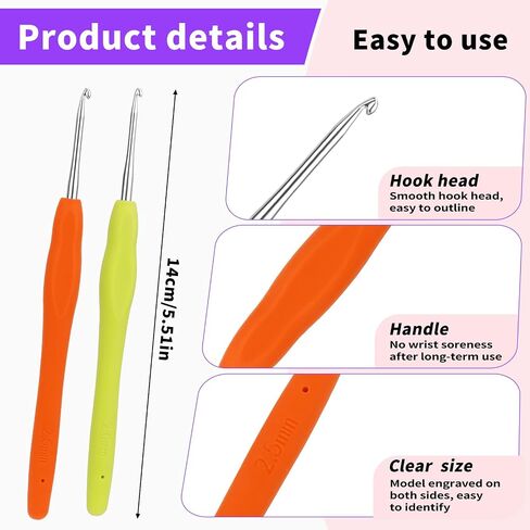 Iuuidu 2PCS 2.0mm 2.5mm Crochet Hooks, Ergonomic Handle Crochet Hooks for Arthritic Hands, Extra Long Crochet Needles for Beginners, Comfortable Smooth Knitting Needles for Handmade DIY Multicolor in Saudi Arabia