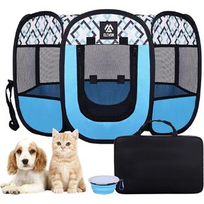 Portable Pet Playpen, Foldable Pet Playpen with Storage Bag, Pet Bowl and Detachable Sunshade, Indoor/Outdoor, Water-Resistant, Suitable for Medium-Sized Dogs and Various Small Pets, Blue