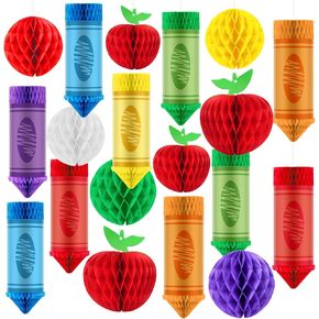 24 Pcs Back to School Hanging Crayon Decorations,Tissue Paper Crayon Hanging Honeycomb Centerpiece Welcome Back to School Honeycomb Apple Balls for Classroom Ceiling First Day of School Party Supplies