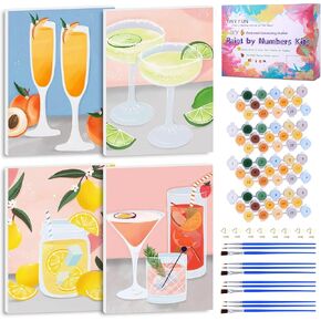 TINY FUN 4 Pack Paint by Numbers Kit for Adults with Framed, DIY Painting Set of Cocktail Drink Theme Preprinted Canvas with Brushes Paints Hanging Kits Beginner Friendly Home Decor Gift 9X12inch
