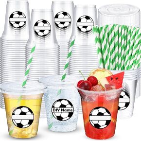 50 Sets Soccer Cups with Lids and Paper Straws Bulk for Party Decorations 12 oz Disposable Plastic Soccer Cups for Drinking Coffee Milkshake Beverage Football Birthday Party Supplies