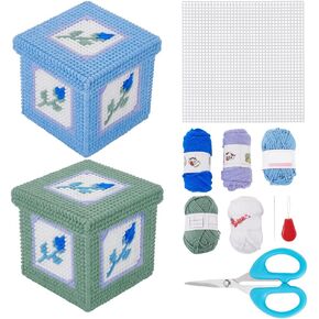 FREEBLOSS 2 Set Plastic Canvas Box Kit Cross Stitch Kit for Beginners Rose Bud Design Mesh Canvas Sheets and 5 Colors Yarn for Embroidery Crafting, Knitting Projects