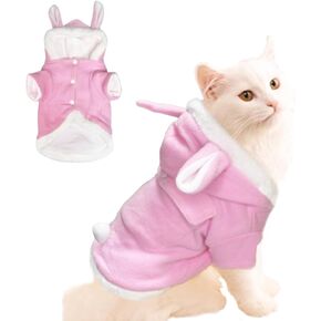 ANIAC Bunny Ears Cat Costume Plush Dog Hoodies with Pocket Sweater Cute Kitten Cat Clothes Warm Rabbit Ears Outfit with Hood for Small Dog Cat and Puppy (Pink-2, Small)