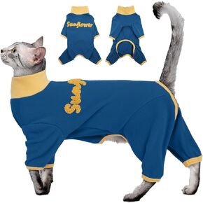 Hair Sticky Cat Onesie - Blue-L, Full Clothes Recovery Long Sleeve,Reduce Pet Hair on Cat Tree/Scratching Post,Soft Breathable Outfits for Wound Care,Daily Wear Movement Keep Clean