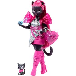 Monster High Catty Noir Doll و Werecat مع Amulette و Accessories Pet Cat مثل حقيبة الظهر وكتاب الموسيقى والميكروفون والمزيد
