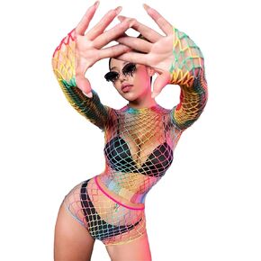 SEXYTINE Women's Fishnet Lingerie Set Sparkle Rhinestone Mesh Tights Women's Mesh Lingerie Fishnet One Size Womens Fishnet Bodystocking Mesh Lingerie Two Piece Top and Hip Wrap Skirt (Colorful） in Kuwait