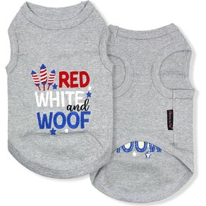 Parisian Pet 4th of July Dog T-Shirt - Embroidered Red White and Woof 100% Cotton, Independence Day Dog Shirt - Breathable Dog Tee Shirts - Grey Sleeveless Dog Clothes for Medium-Sized Dogs - M