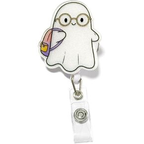 Ghost Carrying Schoolbag Retractable Badge Holder Badge Reels Retractable with 360°Swivel Alligator Clip Cute Badge Holder Back to School Supplies for Teachers