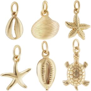 Beebeecraft 24Pcs 6 Styles Small Shell Starfish Tortoise Charm 18K Gold Plated Ocean Sea Animal Necklaces Pendant Charms with Storage Box for Summer DIY Jewelry Making