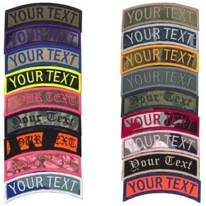 Custom Uniform Name Tape Rocker Patches Embroidered, 35 Plus Fabrics, Different Font Styles Available. 6 Sizes.