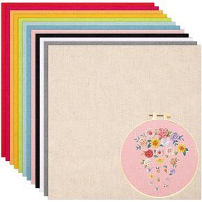 12 Sheets 12 Colors Linen Embroidery Fabric, Pre-Cut Natural Needlework Cloth Fabric, Embroidery Cloth Squares for Garment Craft (7.8x7.8Inch)